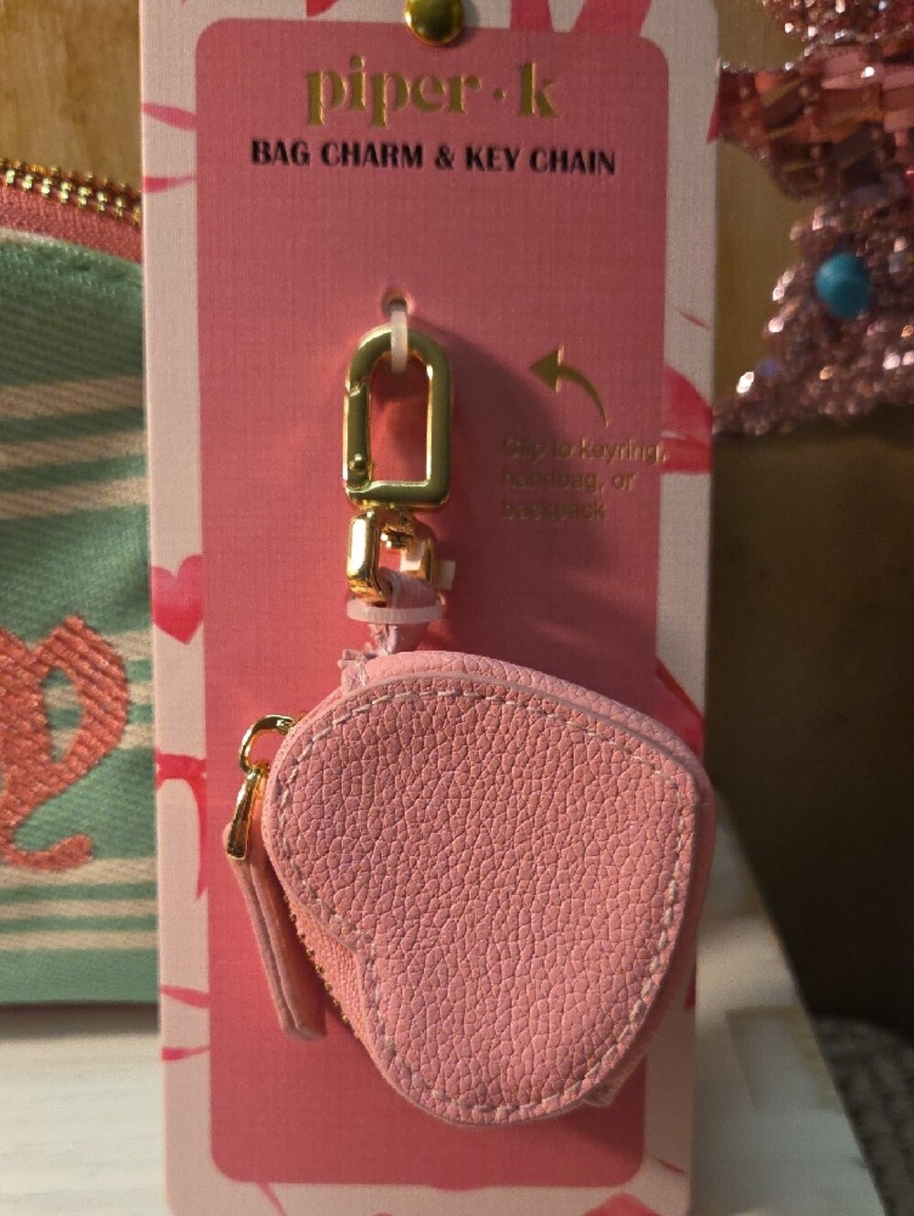 Juicy Couture Mint & Pink Striped Pouch with Heart Key Charm - Picture 3 of 3